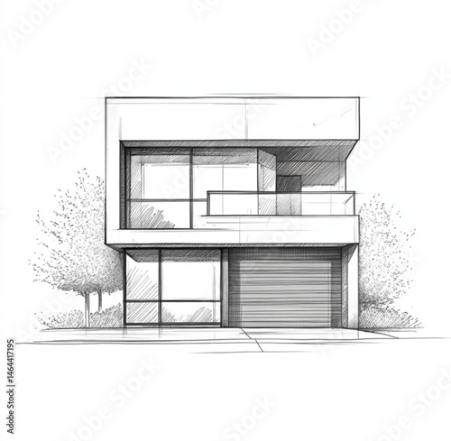 Obraz na płótnie minimalist architectural facade, 2D front elevation, hand-drawn style, black and white ink illustration, clean lines, no shading, modern design, blank background, architectural sketch aesthetics w salonie