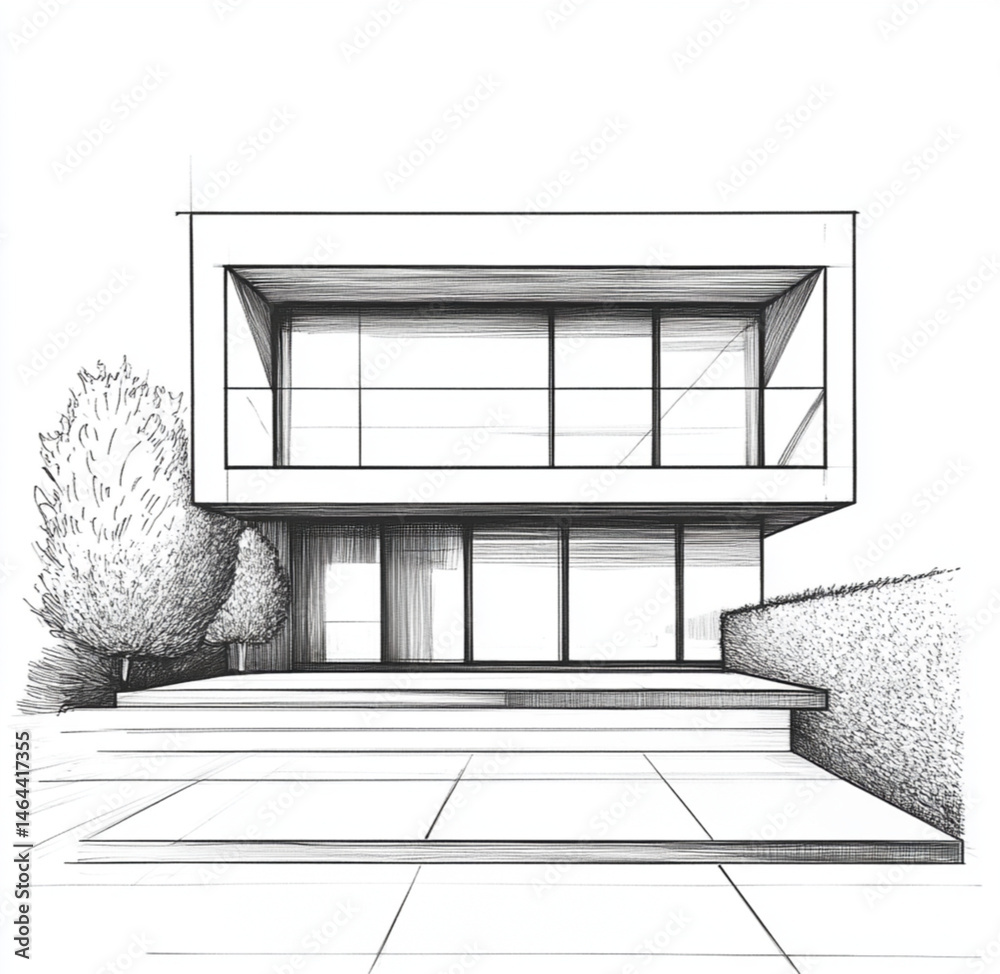 minimalist architectural facade, 2D front elevation, hand-drawn style, black and white ink illustration, clean lines, no shading, modern design, blank background, architectural sketch aesthetics