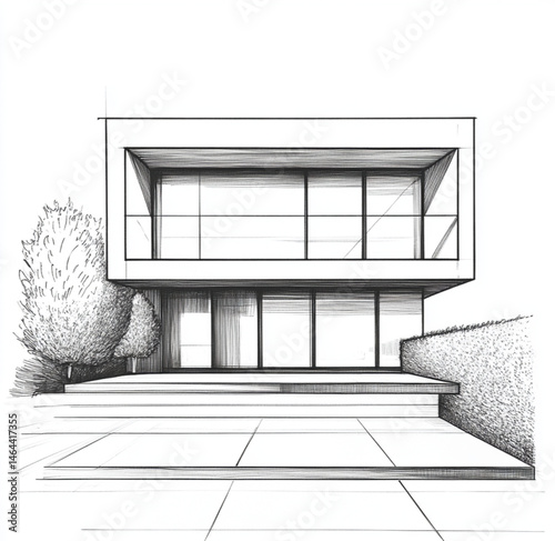 Obraz na płótnie minimalist architectural facade, 2D front elevation, hand-drawn style, black and white ink illustration, clean lines, no shading, modern design, blank background, architectural sketch aesthetics w salonie