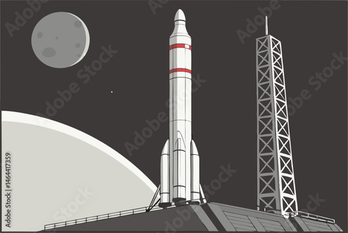 86 Space rocket, futuristic spacecraft, Earth orbit, sleek white design, red stripe detail, launch pad, dark background, planet Earth visible, curved horizon, realistic render, detailed texture, drama