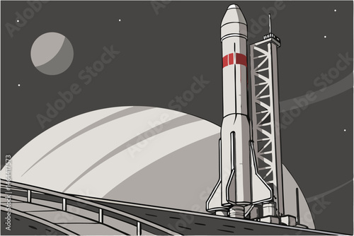 86 Space rocket, futuristic spacecraft, Earth orbit, sleek white design, red stripe detail, launch pad, dark background, planet Earth visible, curved horizon, realistic render, detailed texture, drama