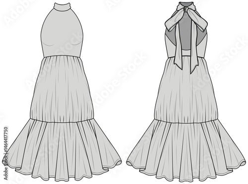 Halter Neck Mermaid Dress  Front and Back View. Fashion Flat Sketch Vector Illustration, CAD, Technical Drawing, Flat Drawing, Template, Mockup. 