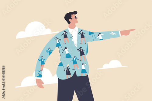 Corporate culture, people help drive company, ceo leadership or diversity and inclusive, people management concept, employee staffs together on businessman pointing finger to lead company direction.