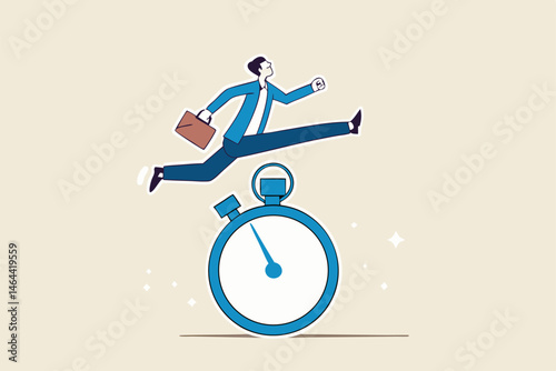 Sense of urgency, quick response attitude to get work done as soon as possible now, reaction to priority task or important concept, fast businessman running and jump high over countdown timer clock.