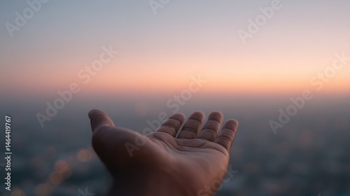lone hand reaching out with hope against soft-focus cityscape suggests silent struggles against poverty