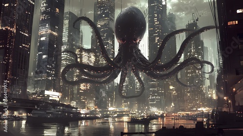 A colossal octopus with sprawling tentacles floats above a futuristic city skyline at night, illuminated by neon lights, blending surreal fantasy with urban architecture, dramatic 