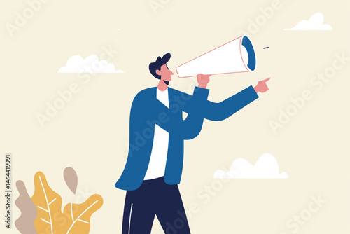 Manager authority, work order or command to control employee, boss or government power to domination causing trouble, raging businessman furious shouting order on megaphone and pointing finger.