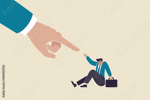 Fear of failure, loser afraid of business mistake, anxiety or stressed from work pressure, scared or challenge concept, depressed panic businessman fear of giant pointing finger blame him for mistake.