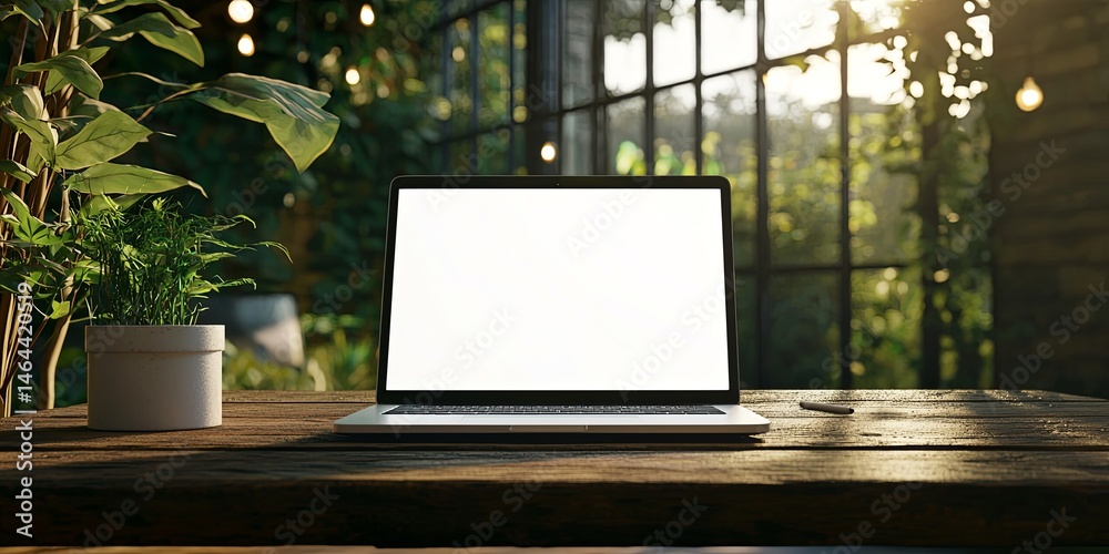 Fototapeta premium Blank Laptop Screen on Rustic Wooden Table in Abandoned Industrial Space with Large Windows and Dramatic Natural Light Filtered In