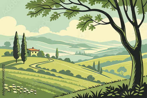 87 Serene Tuscan landscape, rolling green hills, cypress trees, distant mountains, misty valleys, lush meadows, vibrant spring colors, fluffy white clouds, clear blue sky, peaceful countryside, idylli