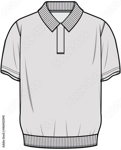 Knit Polo Collar T-Shirt with Rib Waist  Fashion Flat Sketch Vector Illustration, CAD, Technical Drawing, Flat Drawing, Template, Mockup.