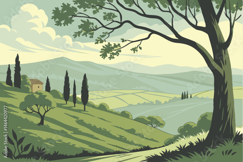 87 Serene Tuscan landscape, rolling green hills, cypress trees, distant mountains, misty valleys, lush meadows, vibrant spring colors, fluffy white clouds, clear blue sky, peaceful countryside, idylli