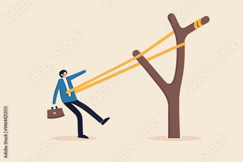 Entrepreneurship ready to launch new project or work improvement, boost career development, speed up business growth concept, brave businessman pull rubber band ready to launch slingshot flight.