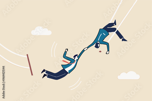 Trust, partnership and support to success in work, collaborate or cooperate teamwork, risk taking, unity or help to achieve target concept, businessman trapeze perform jumping and catch by partner.