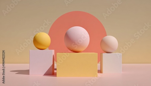 Minimalist geometric shapes arranged with pastel colors, featuring spheres and cubes against a soft, abstract background.