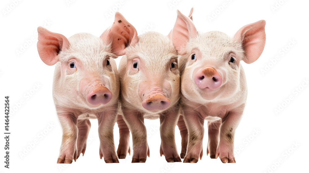 Three cute piglets standing together against a transparent background showcasing their playful nature Three cute piglets standing together against a transparent background showcasing their playful nature