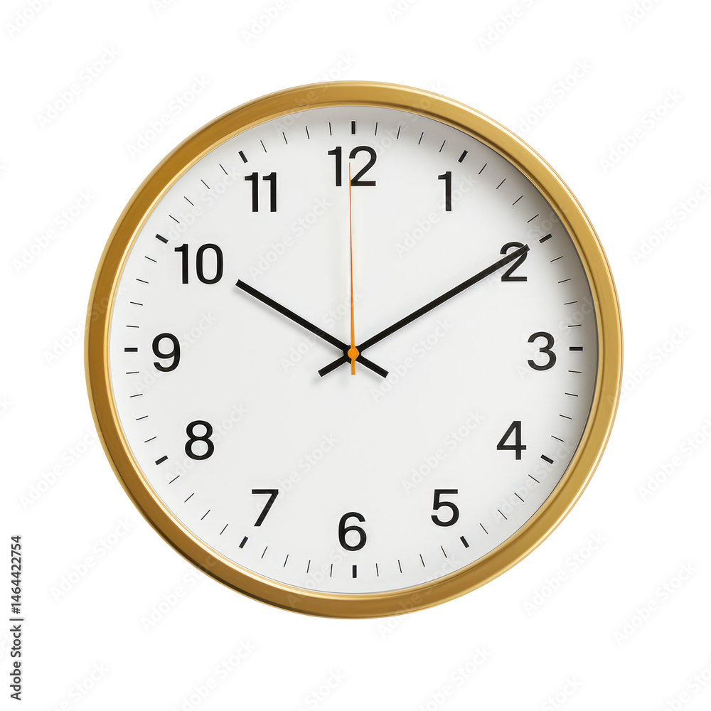 Wall Clock with Bold Golden Frame Isolated on White Background Wall Clock with Bold Golden Frame Isolated on White Background