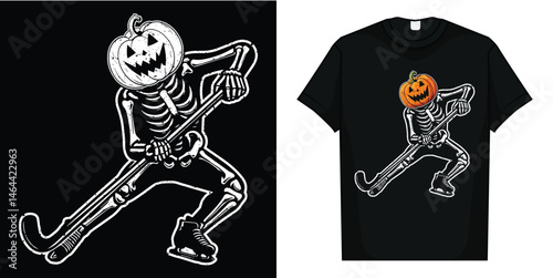 Skeleton Ice Hockey Halloween Pumpkin Hockey Mens Boys Kids T-Shirt