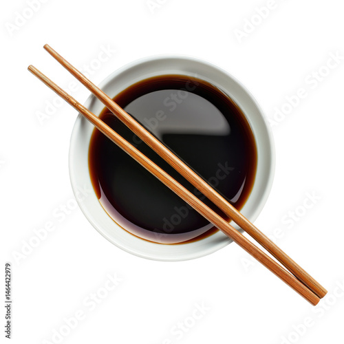 Bowl of soy sauce with wooden chopsticks on a transparent background for cooking or dining use