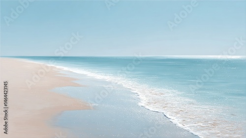 serene beach scene captured with minimalistic approach featuring sunlit coastline and gentle waves