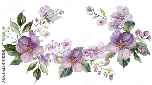 Floral arrangement featuring purple and lavender blooms with green leaves on a transparent background