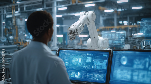 Modern Factory Automation with Robotic Arm and Digital Interface