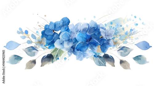 Vibrant floral arrangement featuring blue hydrangeas and greenery on a transparent background