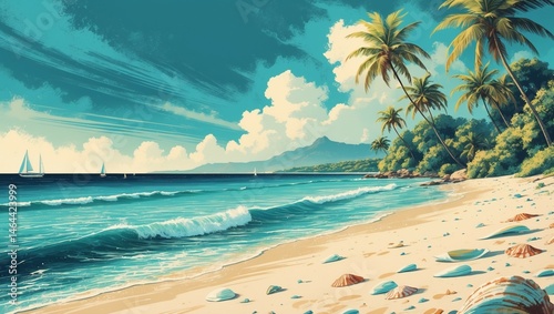 Tropical paradise beach with palm trees, a clear blue sky, and the ocean's summer waves