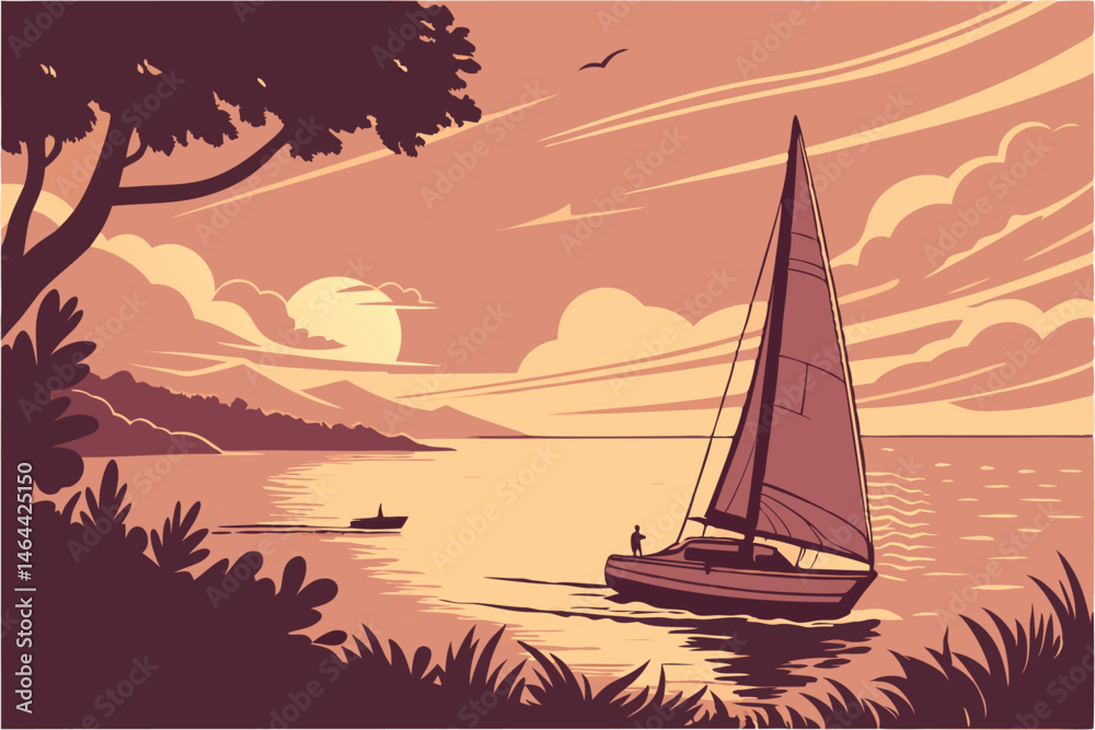 Naklejka premium 89 Sailboat at sunset, golden hour on calm sea, silhouette of yacht, dramatic sky, sun reflecting on water, peaceful ocean scene, photorealistic, high detail, warm color palette, serene atmosphere, ci