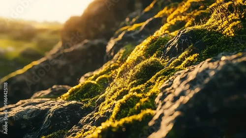 Sunlit moss on rock surface illustrating natural textures and environments