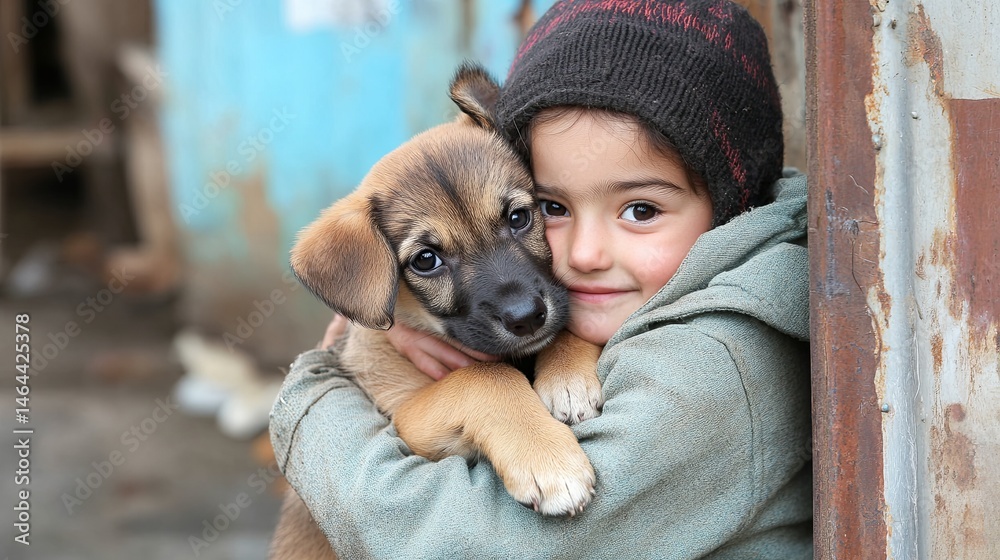 Child hugging new adopted puppy in front of shelter. Child hugging new adopted puppy in front of shelter.