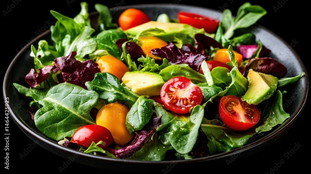 A vibrant salad featuring a mix of fresh greens, cherry tomatoes, and avocado, perfect for a healthy meal and showcasing the colors of fresh vegetables beautifully. A vibrant salad featuring a mix of fresh greens, cherry tomatoes, and avocado, perfect for a healthy meal and showcasing the colors of fresh vegetables beautifully.
