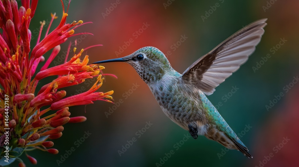 Naklejka premium Hummingbird feeding from red tubular flower 