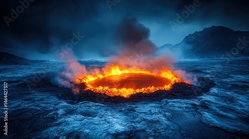 An intense and dramatic view of a lava flow emerging from an active volcano, surrounded by ash and soot, emphasizing the chaos and beauty of nature's violent side.