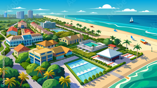  Very beautiful Venice beach Florida near Sarasota and Fort Myers. Panorama of Florida city. Flying on drone over Venice beach FL. Gulf of Mexico beach. Summer vacation. View on Residential house, Hot