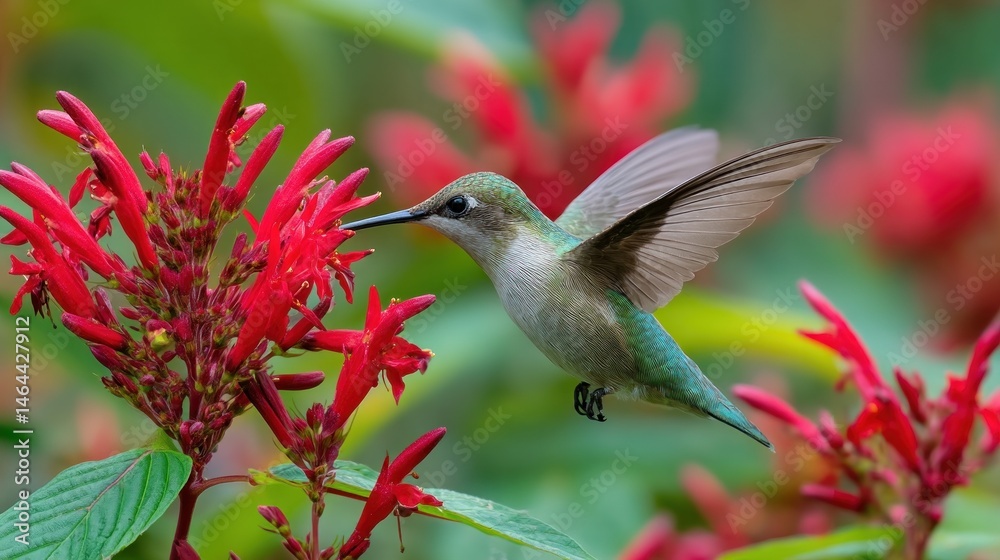 Fototapeta premium Hummingbird feeding from red tubular flower 