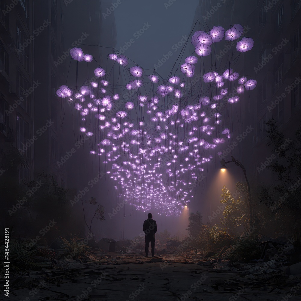 Fototapeta premium Luminous purple lights illuminate a desolate urban pathway.
