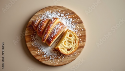 minimalist food photography of a almond croissant on a wooden board, sliced with powdered sugar, soft beige background