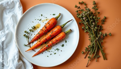 minimalist food photography of a roasted carrots on a white plate, thyme with honey glaze, soft orange background