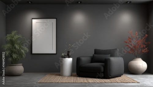 Minimalist living room with a dark armchair, indoor plants, modern decor, and soft lighting for a cozy, stylish ambiance.