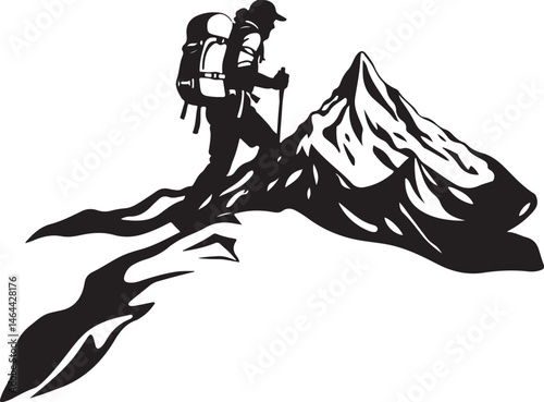 Couple Hiking Mountains | Backpacking Silhouette Art | Minimalist Nature Scene