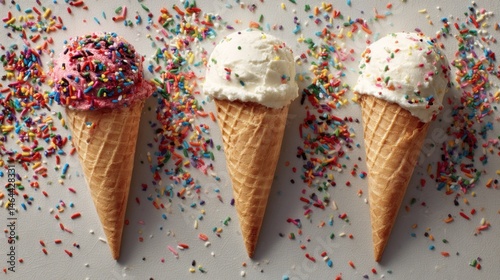 Ice cream cones with colorful sprinkles  