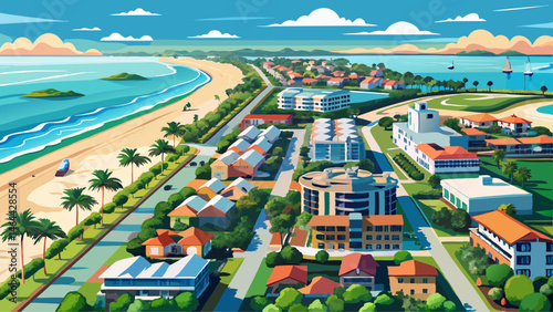 Very beautiful Venice beach Florida near Sarasota and Fort Myers. Panorama of Florida city. Flying on drone over Venice beach FL. Gulf of Mexico beach. Summer vacation. View on Residential house, Hot