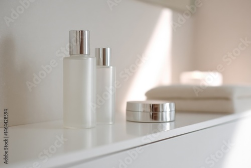 elegant arrangement of minimalistic beauty products on sleek white vanity