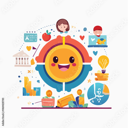 Vector logo design template and graphic elements for advertising, branding, posters and banners, funny cartoon illustrations with smiling character and mascot, abstract stickers and line