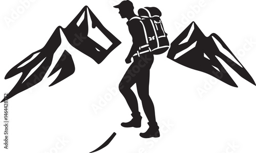 Couple Hiking Mountains | Backpacking Silhouette Art | Minimalist Nature Scene
