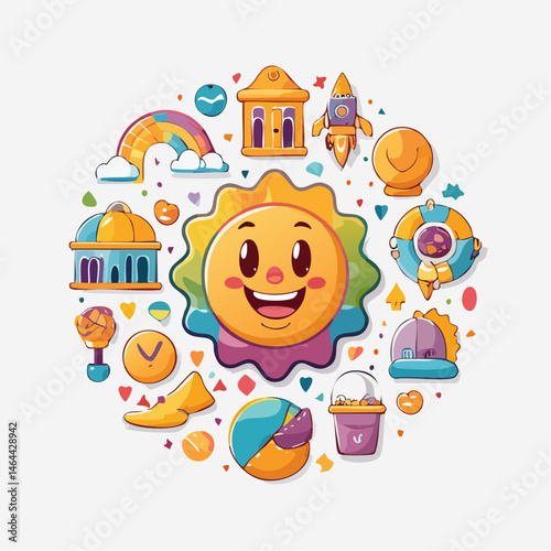 Vector logo design template and graphic elements for advertising, branding, posters and banners, funny cartoon illustrations with smiling character and mascot, abstract stickers and line