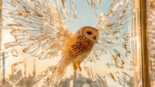 A stunning illuminated glass owl sculpture with intricate wings, glowing brightly, showcasing exquisite craftsmanship and artistic design, creating a captivating
