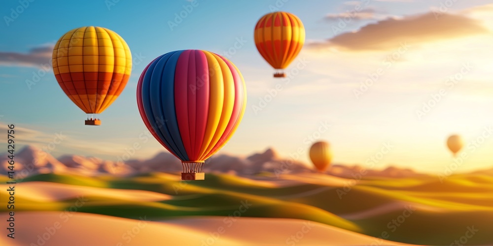 Fototapeta premium Serene Landscape with Colorful Hot Air Balloons Floating Above Gentle Hills Under Soft Pastel Sky in Dreamy Atmosphere