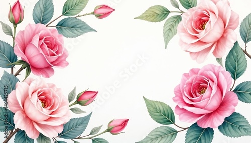 Delicate watercolor roses & leaves, soft pastel hues, rose, repeat